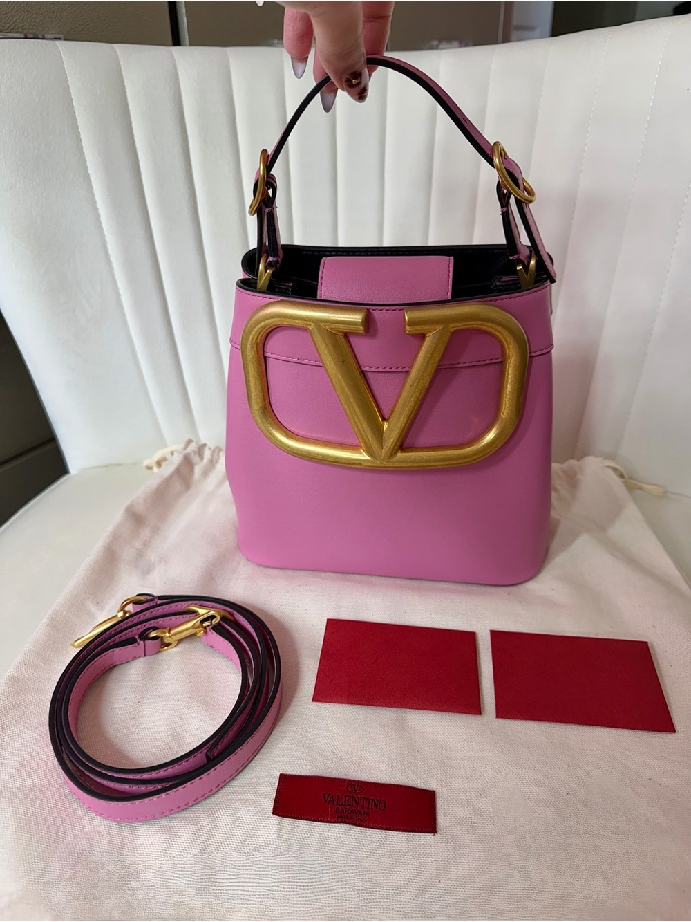 Valentino Garavani Pink Leather VLogo Bucket Bag with Gold Hardware